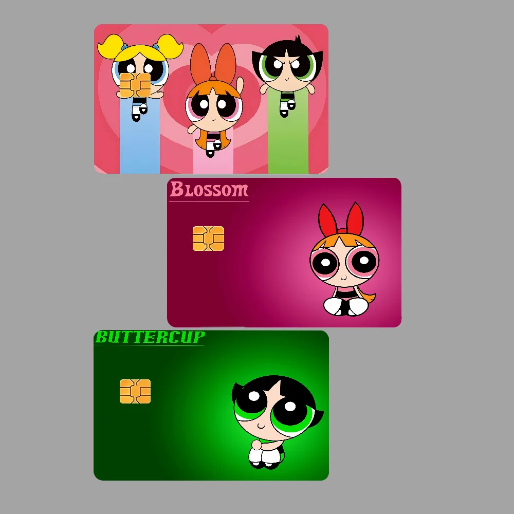 الكلاسيكية الكرتون T-The Powerpuff الفتيات أنيمي الغطاء الأمامي لاصق غشائي الجلد لبطاقة الخصم الائتمان رقاقة صغيرة كبيرة #1