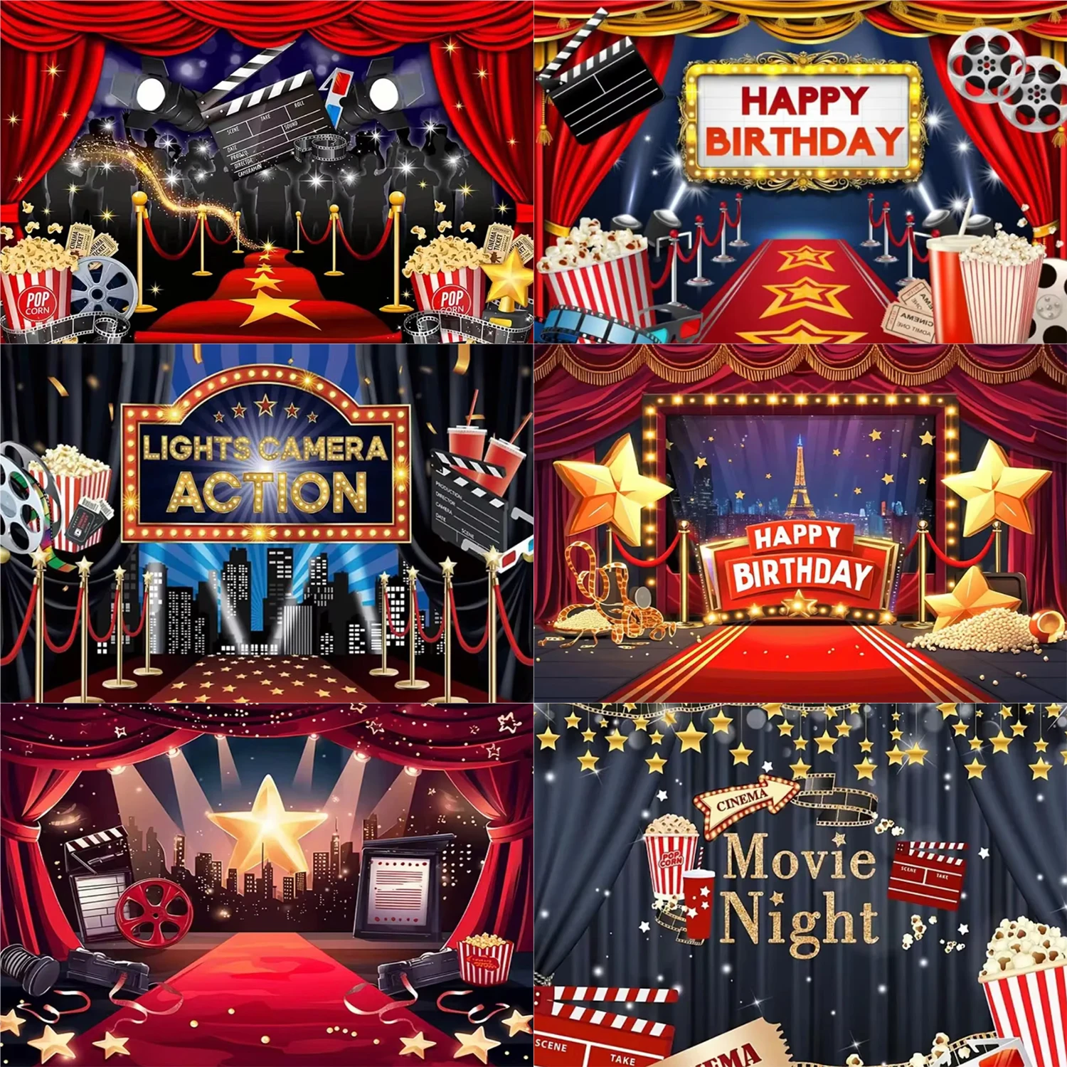 Cinema Movie Theme Star Birthday Party Background Red Carpet Gold Popcorn Stage Photo Appointment Photography Prop Banner Gift