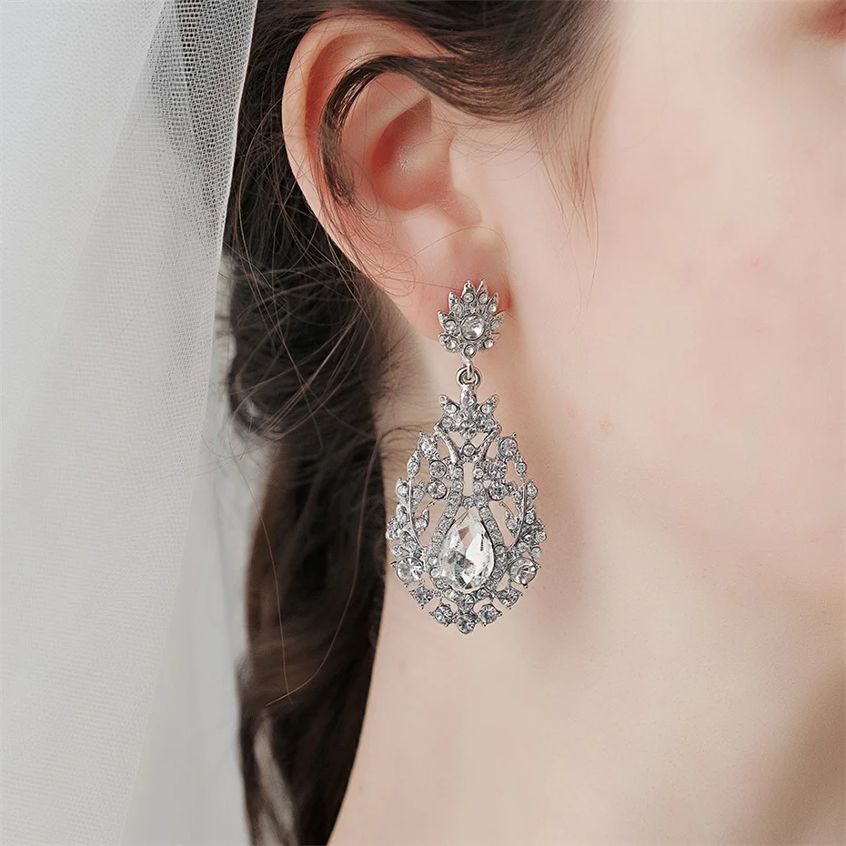 Efily Luxury Bridal Rhinestone Earrings Long Clear Crystal Dangle Drop Earrings Wedding Accessories Party Jewelry for Women Gift