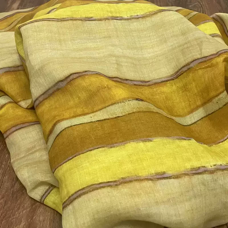 100% Ramie Fabric, Featuring Yellow Printed Patterns, Suitable for Making Clothing, Skirts, and DIY Sewing Materials