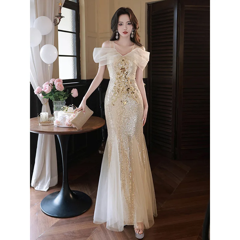 

Элегантные вечерние платья русалки с блестками и пайетками с v-образным вырезом для женщин, длинное платье с открытыми плечами и запахом на бедрах, облегающее платье для банкета, дня рождения