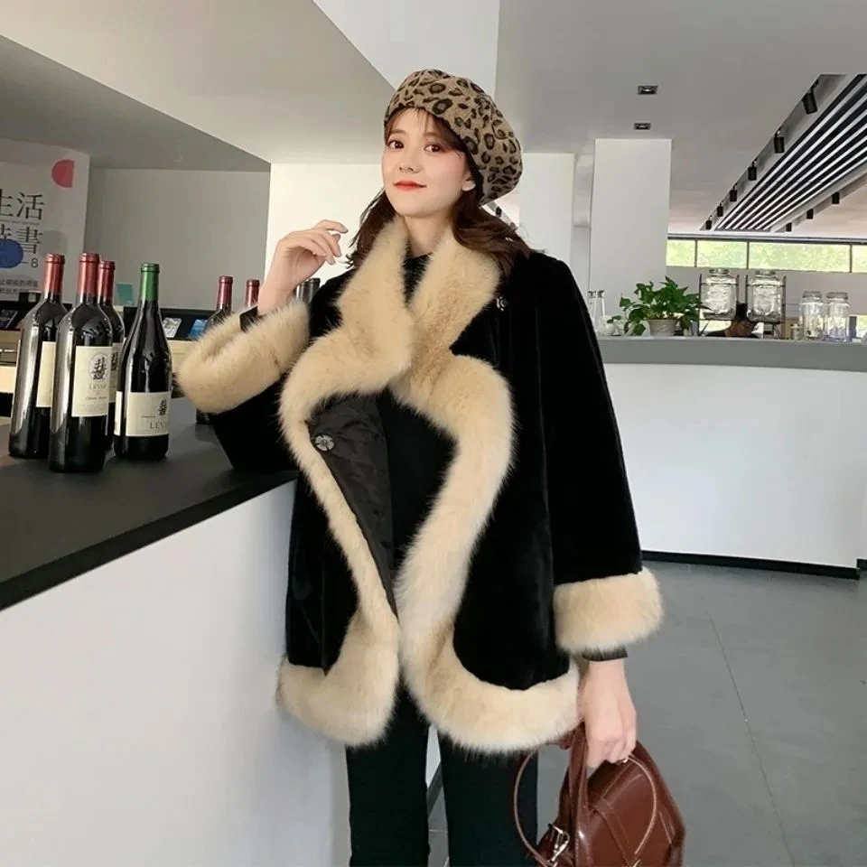 

Cape Coat Women's 2023 New Autumn Winter Warm Fur Coat Female Luxurious Faux Mink Velvet Thick Cloak Outerwear Fur Shawl Poncho