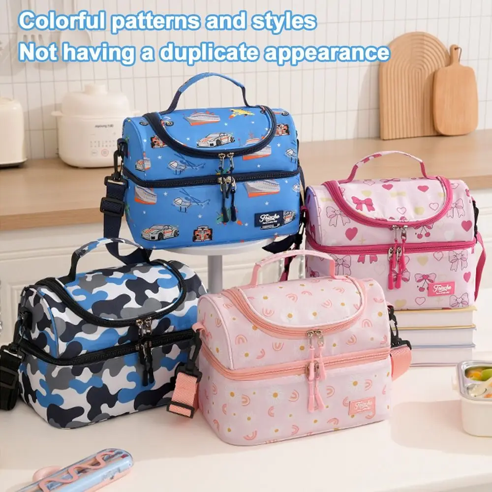 Reusable Double-layer Kids Lunch Bag Leakproof Large Capacity Students Cooler Bag Thickened Cartoon Tote Bag for Girls Boys