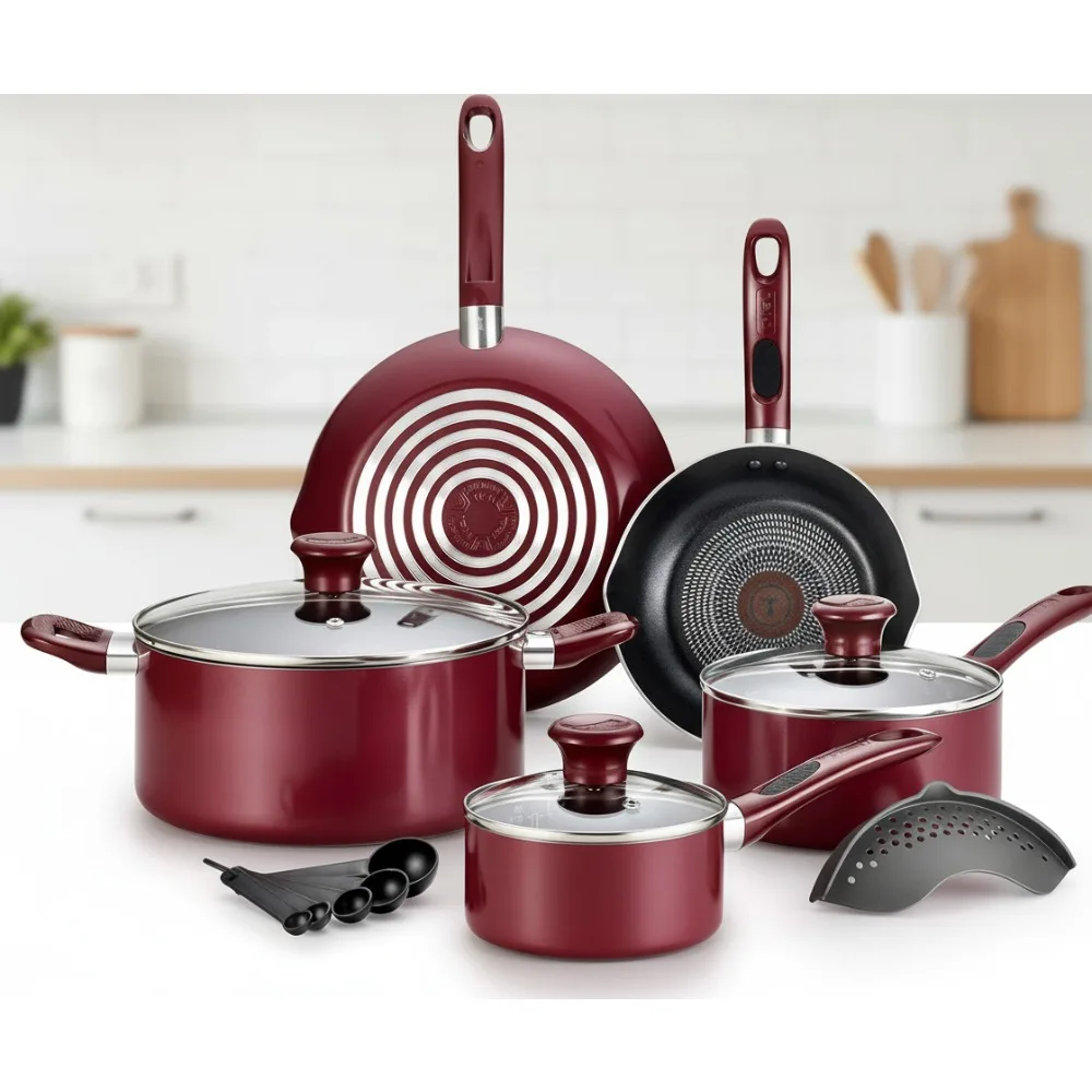 

14-Piece Nonstick Cookware Set with Heat Indicator, Dishwasher & Oven Safe, Red - Perfect for Home Chefs