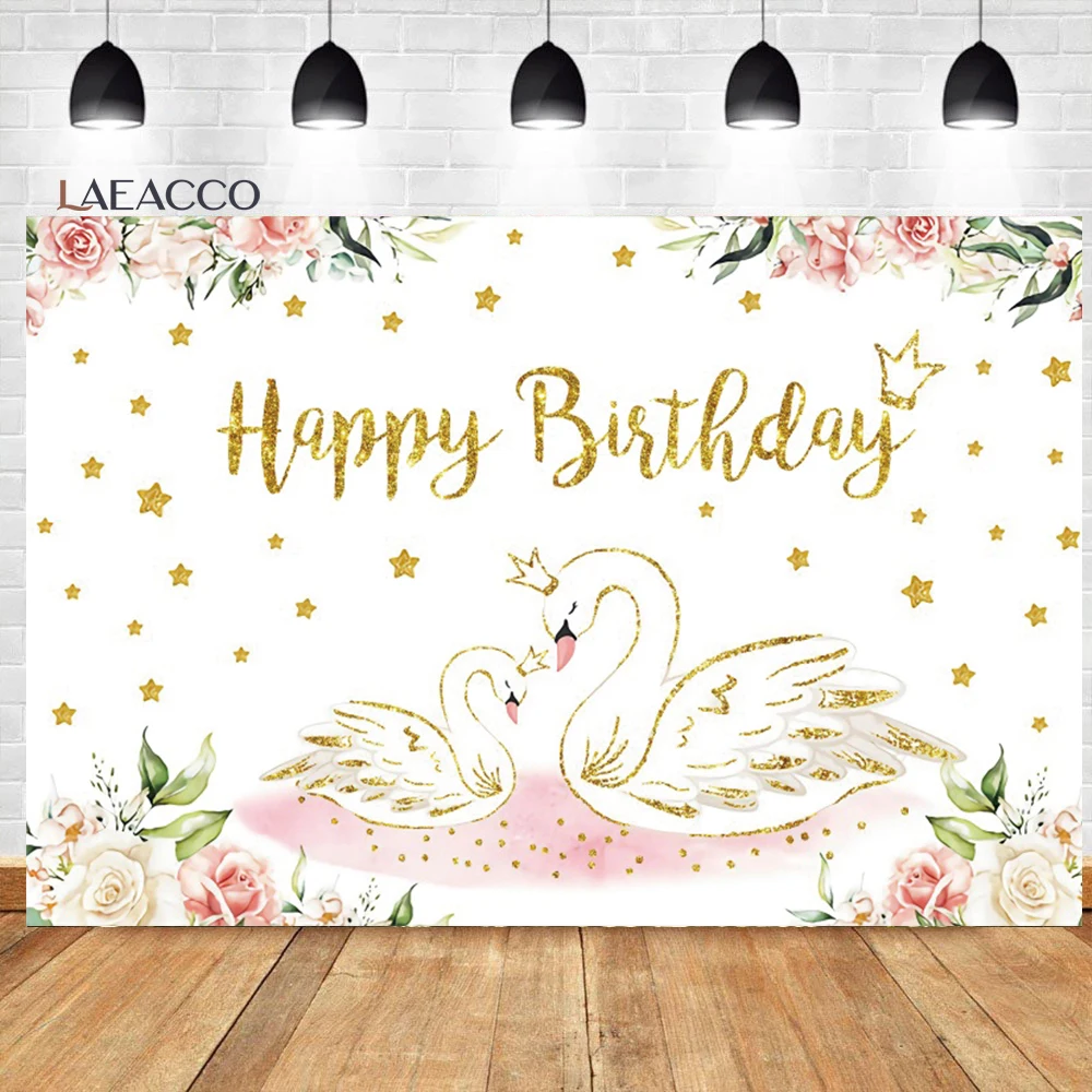 

Laeacco White Swan Happy Birthday Photography Backdrop Golden Glitters Stars Flowers Baby Shower Portrait Customized Background