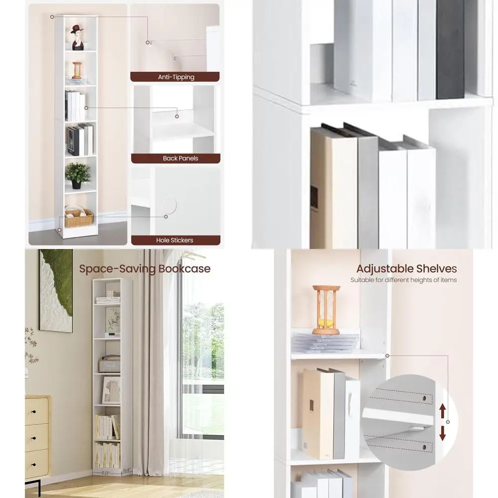 

6-ярусная узкая книжная полка-куб белого цвета с регулируемыми полками, высокий узкий стеллаж для хранения и демонстрации для гостиной, офиса, спальни