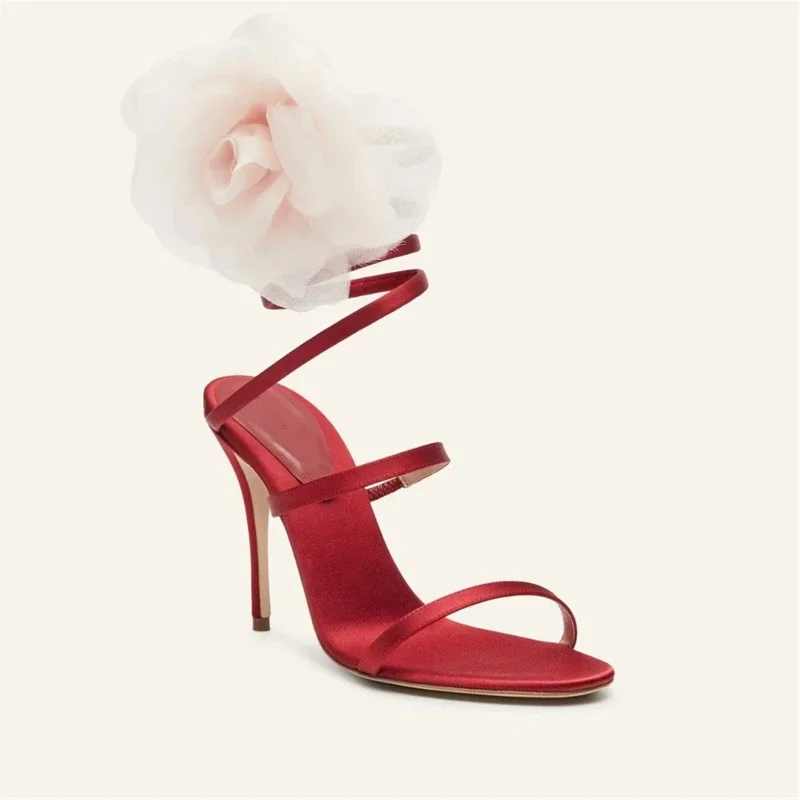 

Sexy Red Ankle Strap Flowers Thin Super High Heels Open Round Toe Ladies Sandals Sweet Pink Spring Summer Fashion Women Shoes