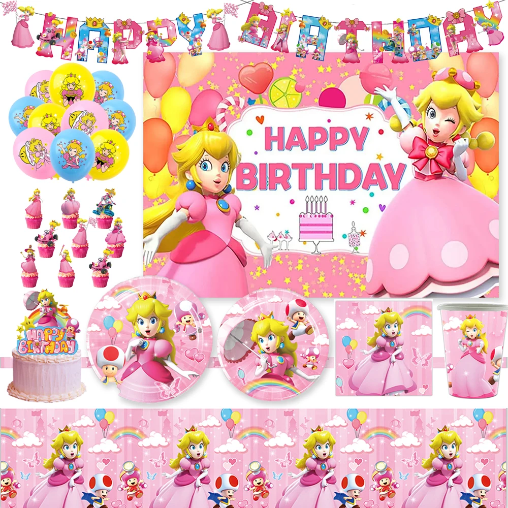 Cartoon Peach Princess Theme Girl Birthday Party Baby Shower Disposable Tableware Balloon Banner Background Decor Supplies Gifts