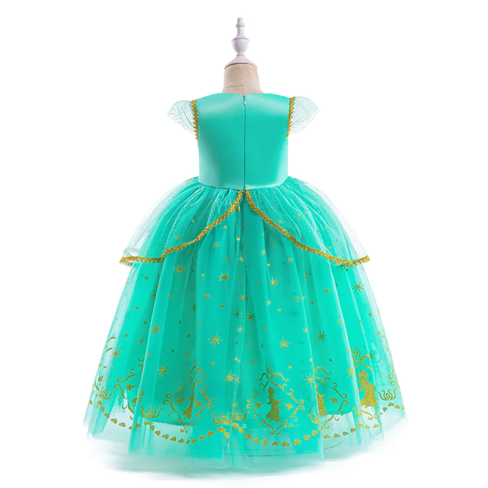 Girl Ice Theme Elsa Princess Dress Kids Green Weekly Birthday Party Costumes Sequins Mesh Beautiful Snowflake Pattern Ball Gown