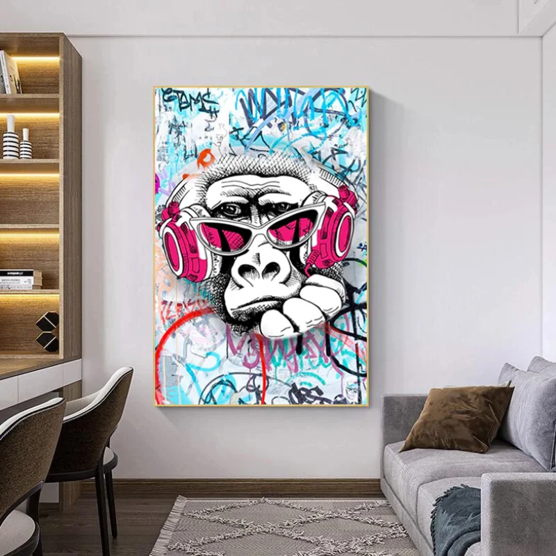 

Pop Graffiti Art Listening To Music Hip-hop Monkey Canvas Painting Graffiti Poster Print Wall Art Picture for Living Room Decor