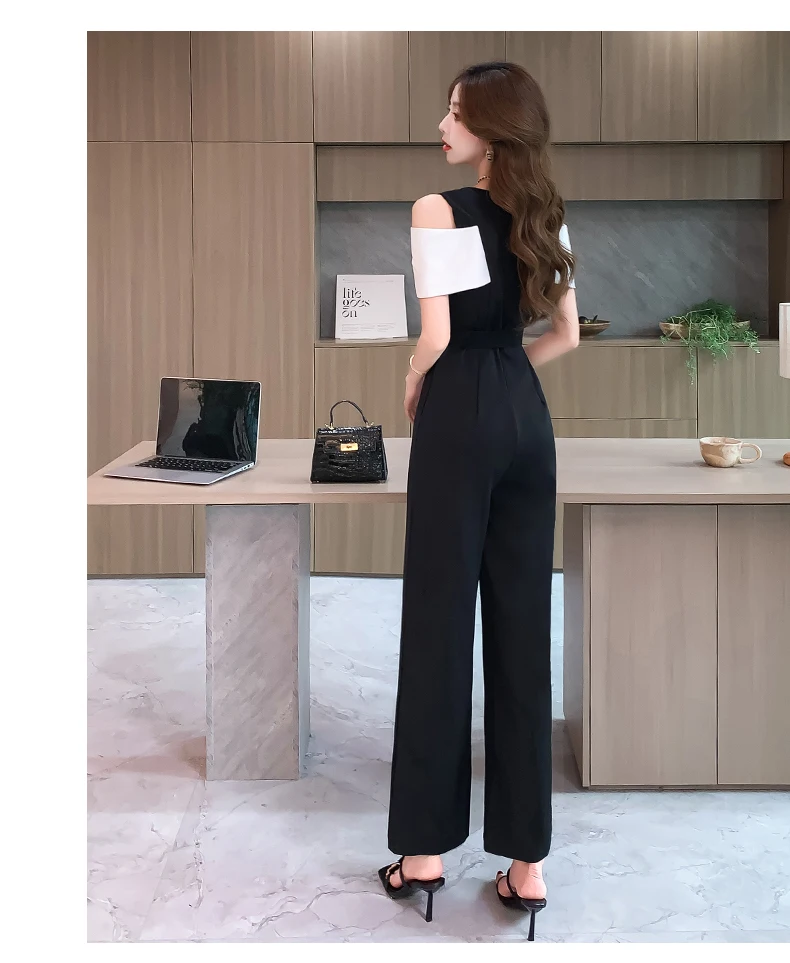 Real Photo 2024 Summer New Women Fashion Contrast Color Belt Waist Slim Jumpsuit Hit Color Overalls Rompers