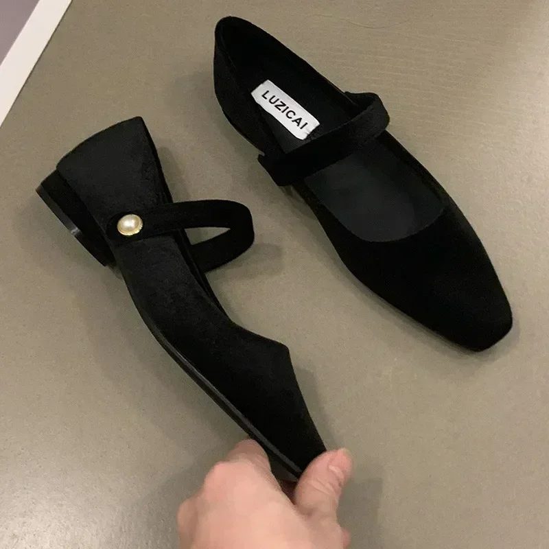 Suede Flats Loafers Women Marie Janes Spring Shoes 2024 Square Toe Ballet Dance Shoes Fashion Luxury Dress Zapatillas De Mujer