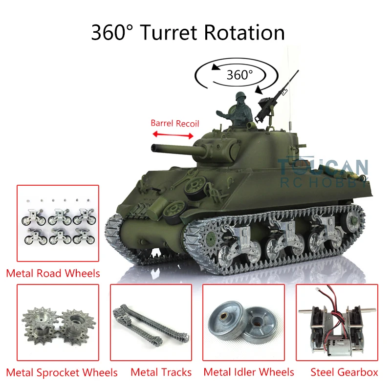 1/16 RC Tank HENG LONG 7.0 Customized M4A3 Sherman RC Tank 3898 Barrel Recoil 360° Metal Airsoft Outdoor Toys TH17682