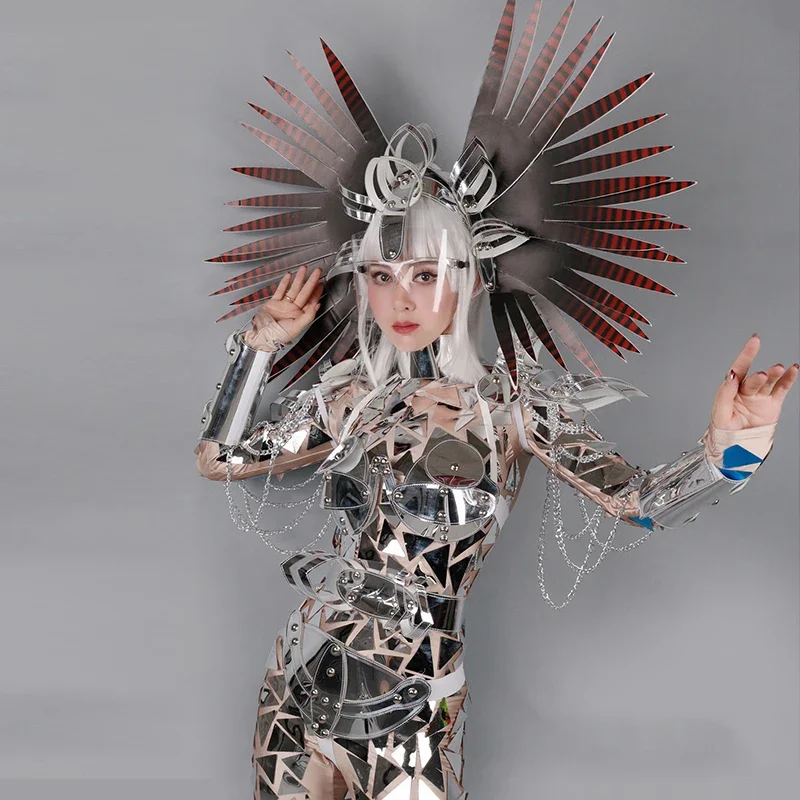 Nightclub Mirror Silver Armor Gogo Dancer Stage Costume paillettes body Performance Wear Festival Carnival Dancewear