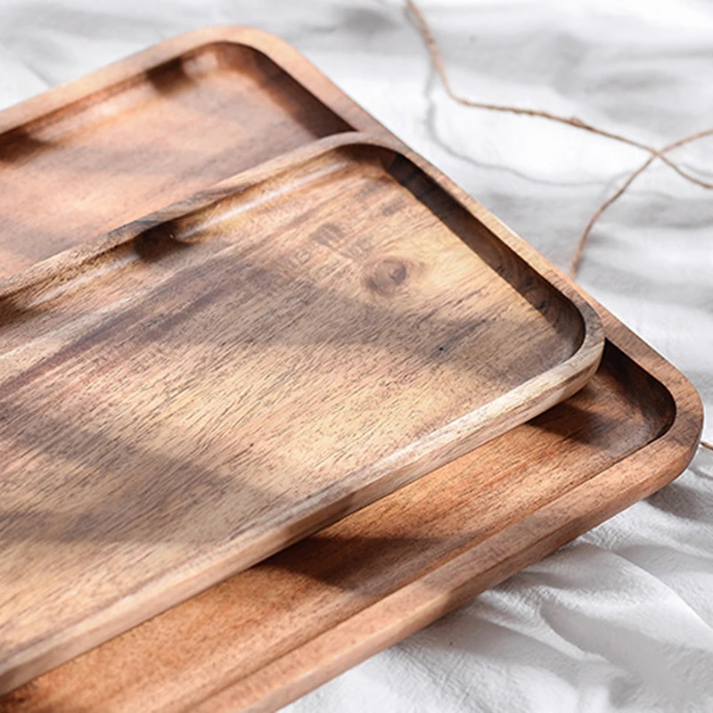 4 Sizes Natural Wooden Serving Tray Square/Rectangular  Wood Plate Food Fruit Dessert Tea Storage Trays Supplies for Hotel Home