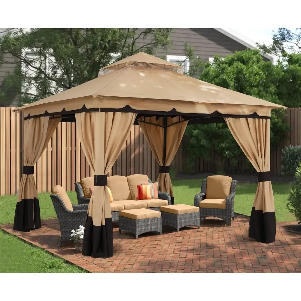 

10'x10' Outdoor Gazebo Beach Tent Double Roof Patio Gazebo With Shade Curtains Canopy Beige Camping Sunshade Camping Tent