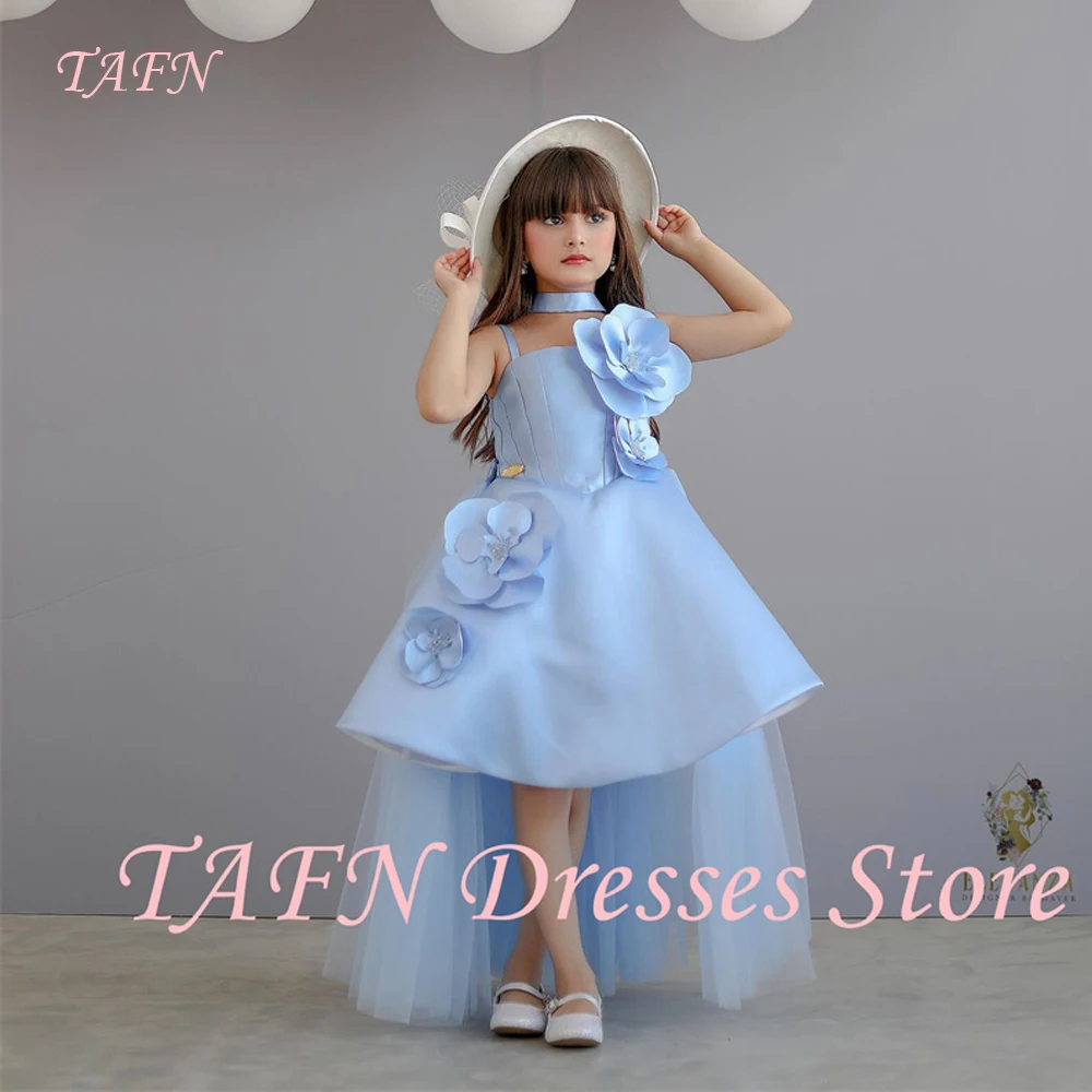 

TAFN 2025 New Blue Short Prom Party Dresses For Little Girls 3D Flowers Birthday Formal Evening Gowns Pageant Customized