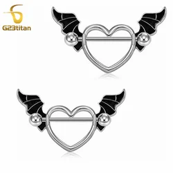 Women Body Piercing Accessory Gothic Jewelry Anti Allergic 2pcs Heart With Devil Wing Nipple Rings 14G Titanium or Steel Barball