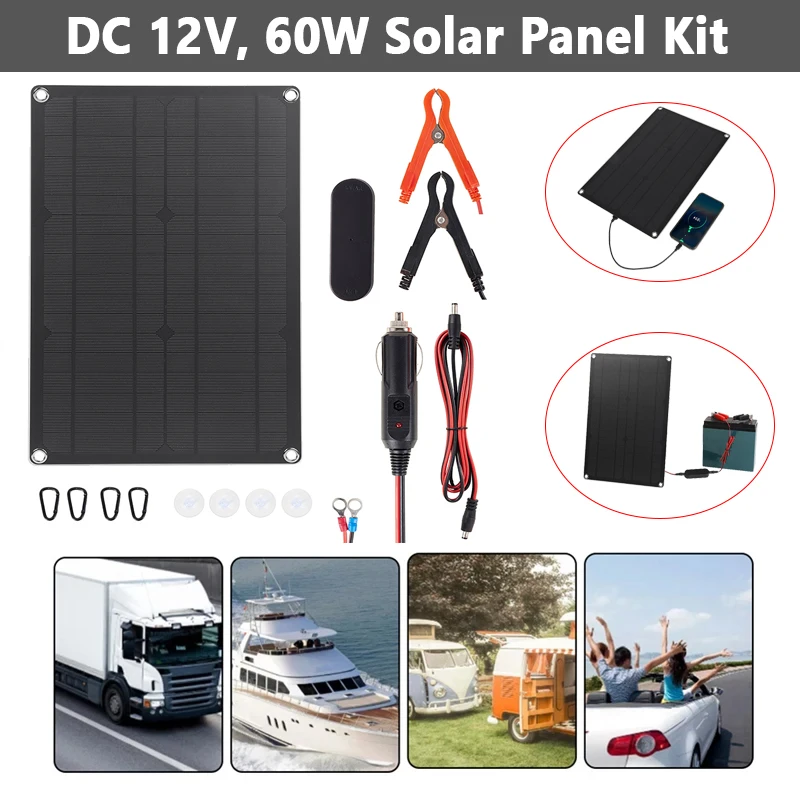 60W Solar Panel DC 12V Solar Cell Portable Controller Charge Plate Kit Waterproof Solar Trickle Charger Camping Outdoor Battery