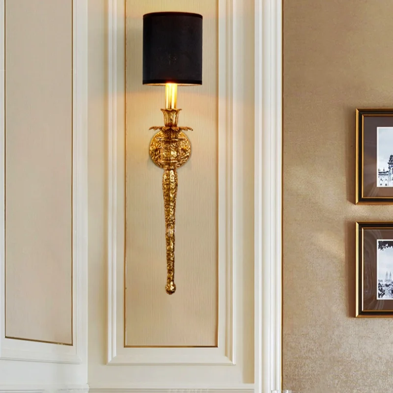 Luxury Living Room TV Background Wall Light Bedroom Bedside Lamp Simple Retro Staircase Lamp LED Lighting Full Copper Wall Lamp