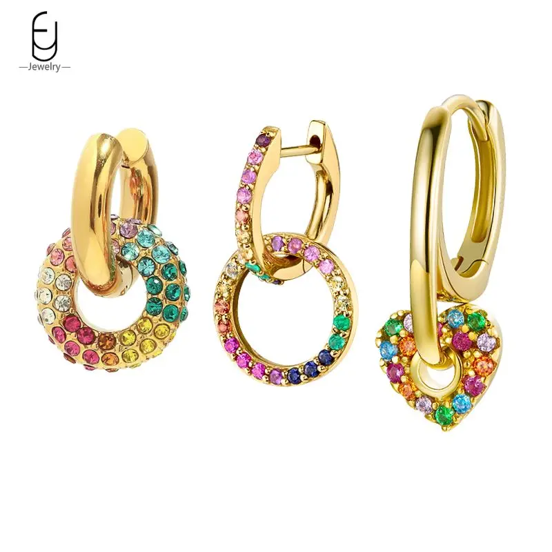 

925 Sterling Silver Ear Needle Colorful Crystal Hoop Earrings for Women Luxury Heart/Round Pendant Earrings Fashion Jewelry