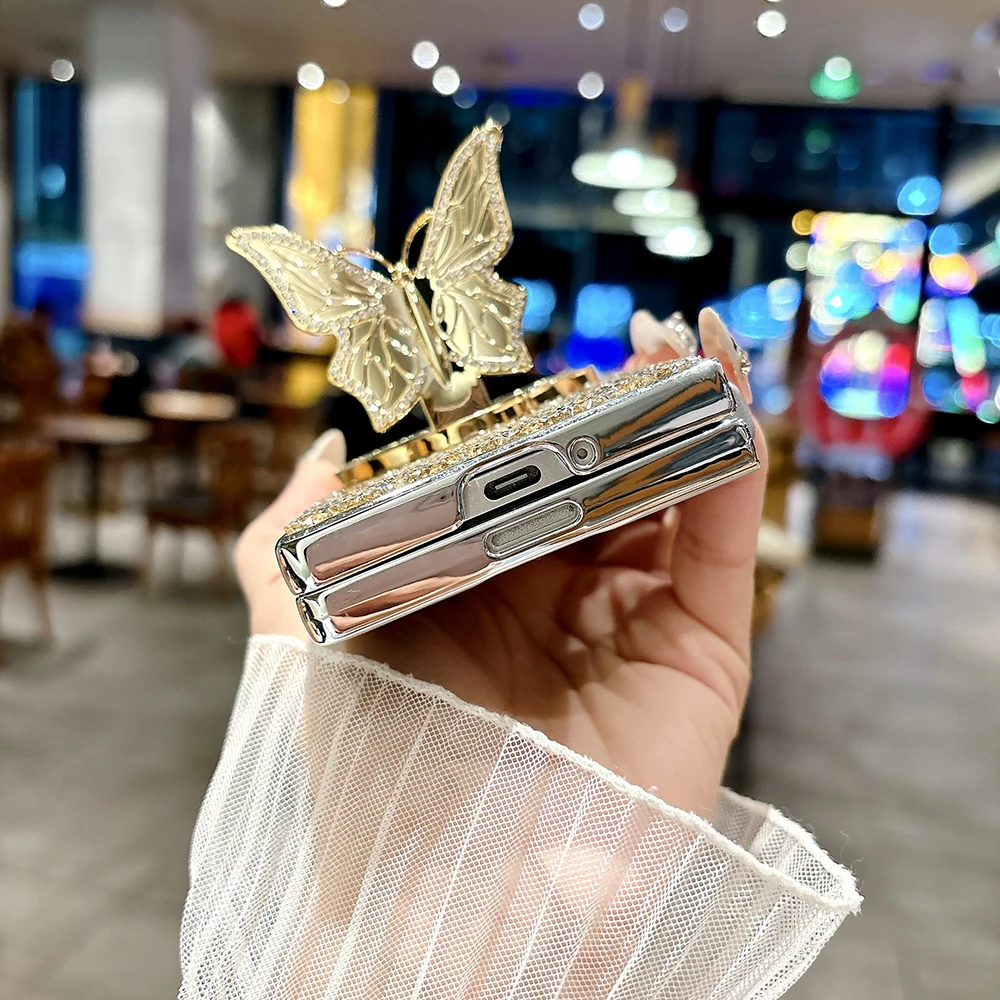 Luxury Hard PC Electroplated Frame Phone Cover for Samsung Galaxy Z Fold 7 6 5 4 Case with Butterfly Bracket