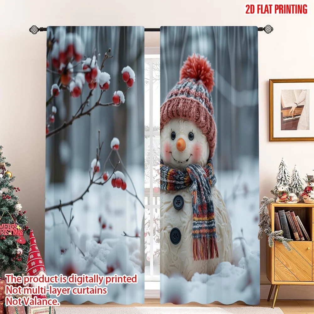 

2pcs 2D flat printing Christmas Window Curtains Cute Snowman Winter Scene Fabric Without Electricity Birthday Party Perfect for