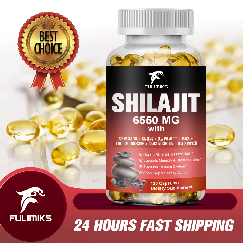 Shilajit Resin Himalayan Capsules - 6550mg - Combined Ashwagandha, Ginseng, Saw Palmetto, Maca, Tribulus, Chaga, Black Pepper