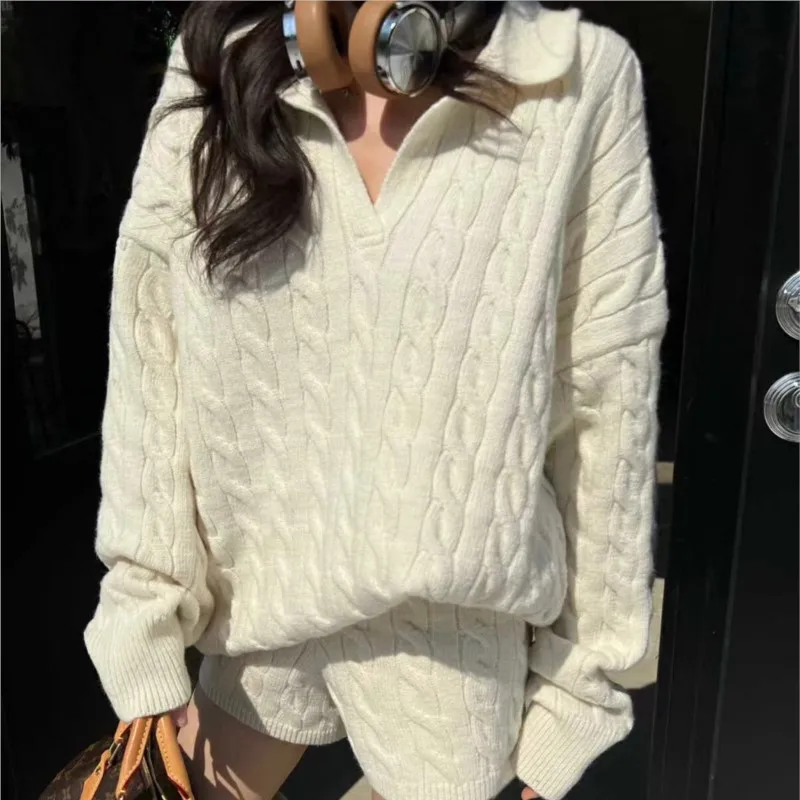 Korean Fashion Solid Two-piece Set Women V-neck Loose Pullover Sweater Top Shorts Casual Outfits Autumn New Suit Female Clothing