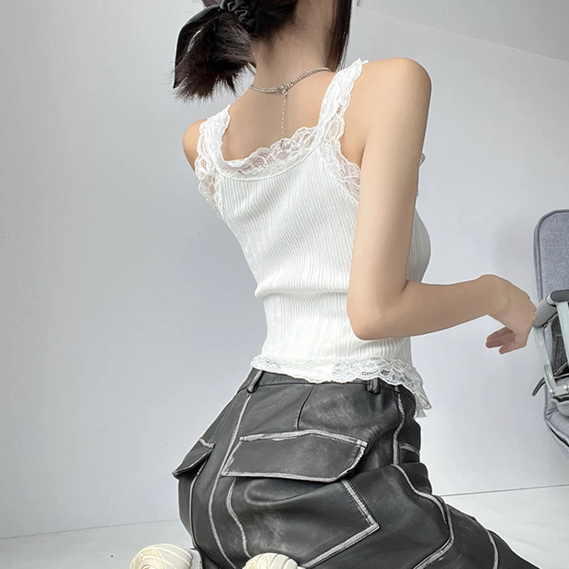 Camisetas sin mangas para mujer y niña, Tops elegantes con costuras de encaje Simple que combinan con todo, camisetas sin mangas cortas ajustadas informales dulces a la moda