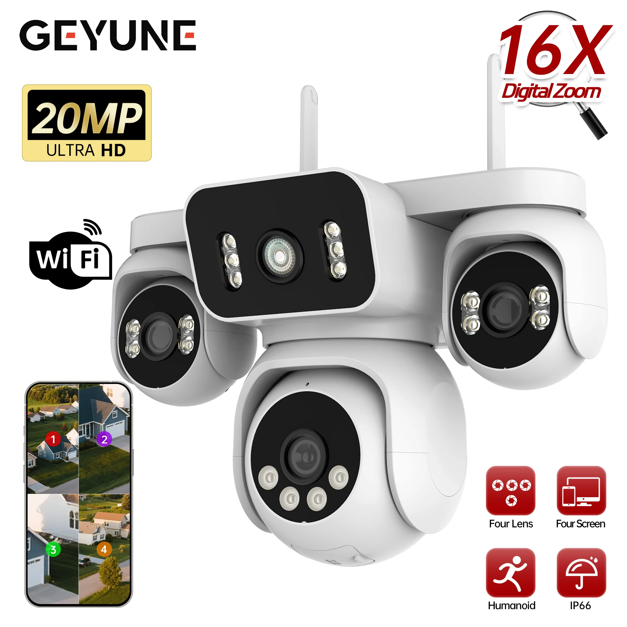 

10K 20MP WiFi Security Camera 4 Lens 4 Screen 360° PTZ 16X Zoom Waterproof Home Surveillance CCTV Outdoor Street Video Camera