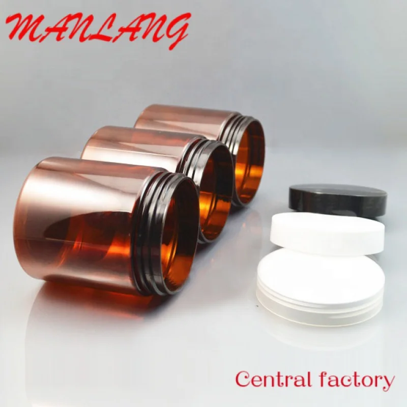 Custom  cosmetic food packaging 100ml 150ml 200ml 250ml 300ml amber black pet plastic cosmetic jar with white black lid