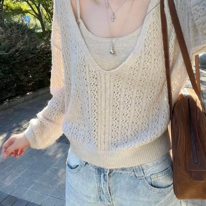 Women V Neck Crochet Knit Sweater Top And Denim Shorts 2 Piece Set Korean Style Loose Fit Spring Summer Casual Outfit