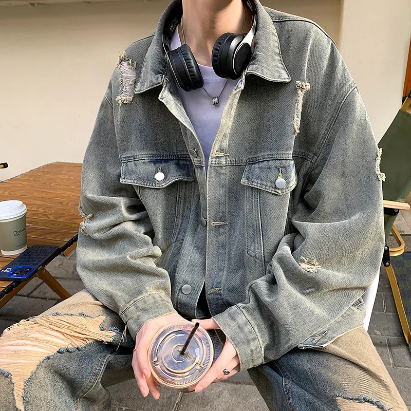 

Nice Denim Jackets Hip-hop Men's Streetwear Ripped Hole Jean Men Jackets Outerwear Denim Coats Turndown Collar Oversized Jacket