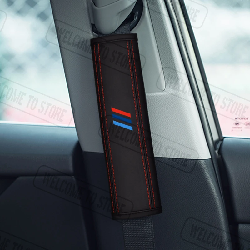 2Pcs For Tri Color Sport Emblem Logo E39 E46 E60 E90 M4 M3 X3 X5 Leather Car Safety Belt Shoulder Cover Pads Interior Decoration view 2