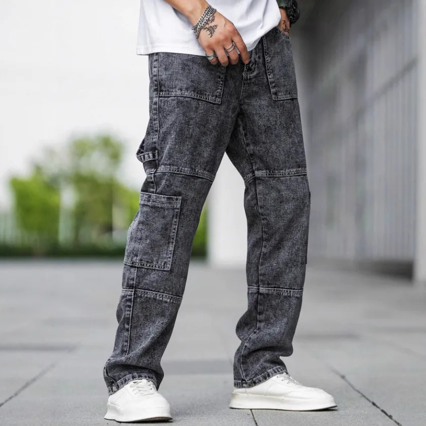 Men's Fashionable Jeans Pocket Workwear Casual Loose Straight Leg Standard Fit Denim Jeans for Teenagers Spring Season