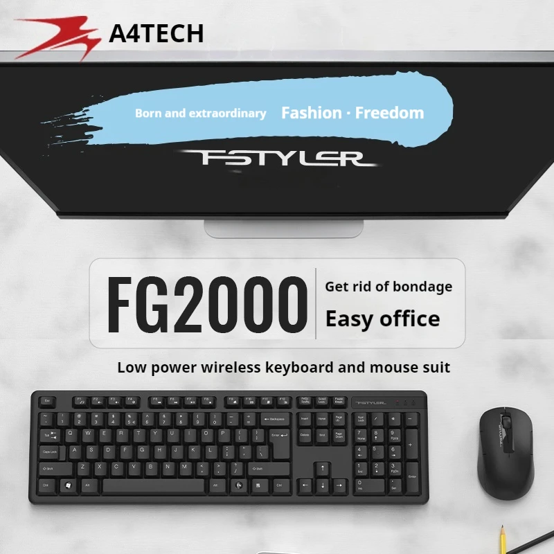 

A4TECH FG2000 Fstyle Wireless Keyboard Mouse Combos Laptop Desktop Peripherals Business Office Typing Home Use