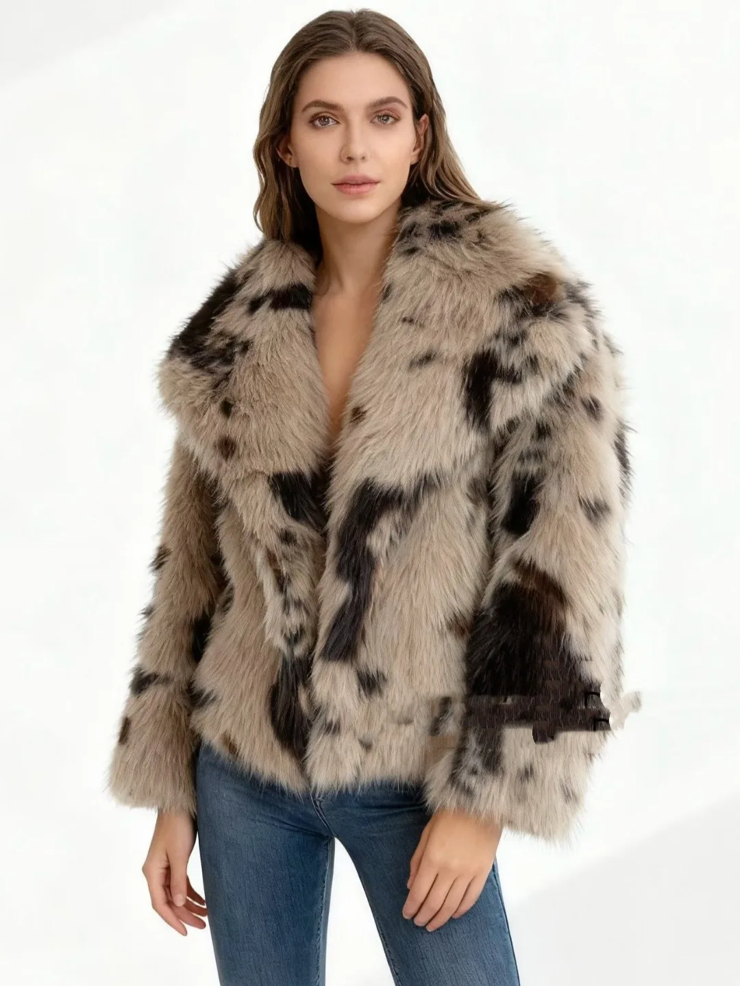 Nuevo abrigo de invierno de piel de vaca cálida con cuello grande para mujer, Top moderno y cálido de fibra de poliéster, cintura alta...