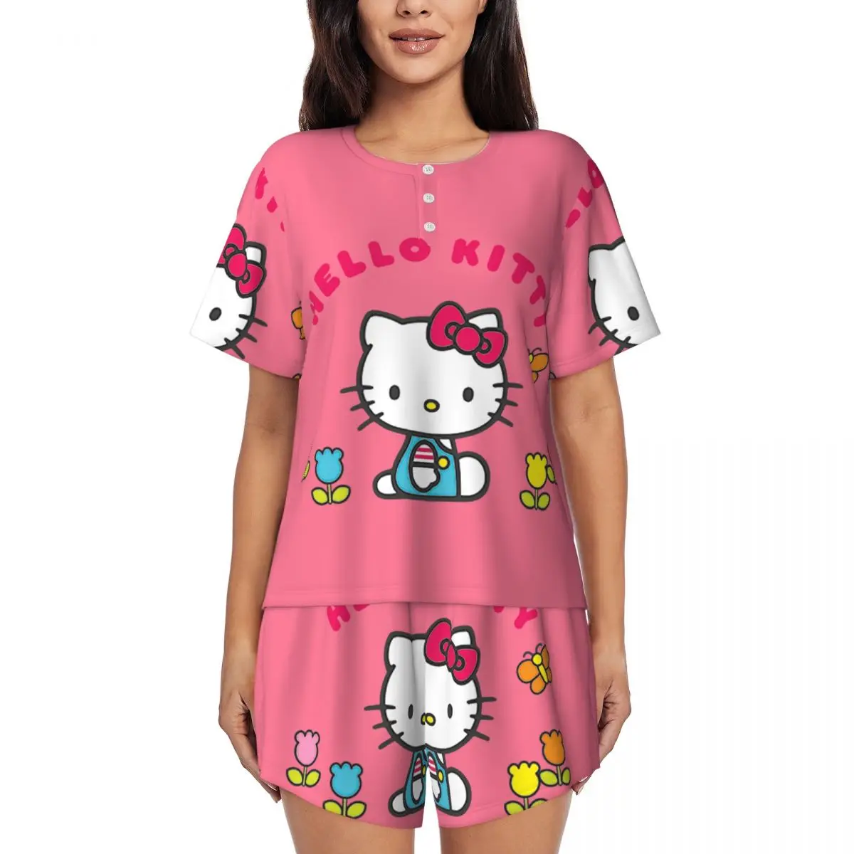 

Пижамный комплект с героями мультфильмов Hello Kitty для женщин, одежда для сна с коротким рукавом, домашняя одежда, 2 предмета, Pjs