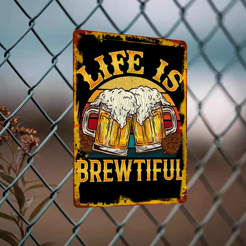 Life Is Brewtiful Vintage Metal Sign Two Beer Mugs Cheers Artwork Home Bar Pub Decor