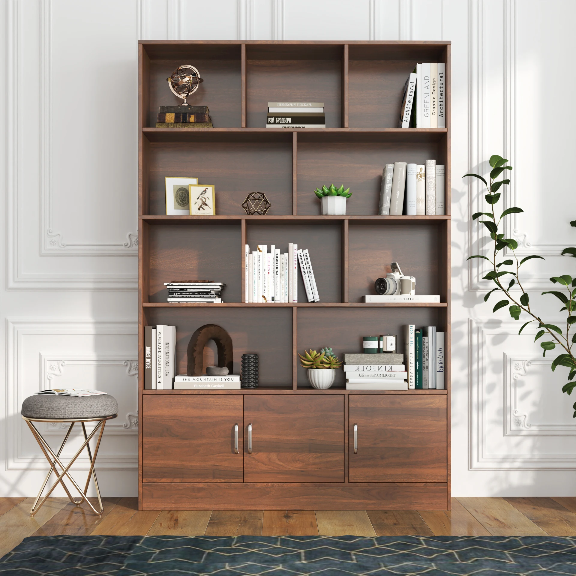 Modern 10-Cube Walnut Bookshelf – Multi functional 70.87'' Tall 3-Door 4-Tier Bookcase, Storage Organizer for Living Room/Office
