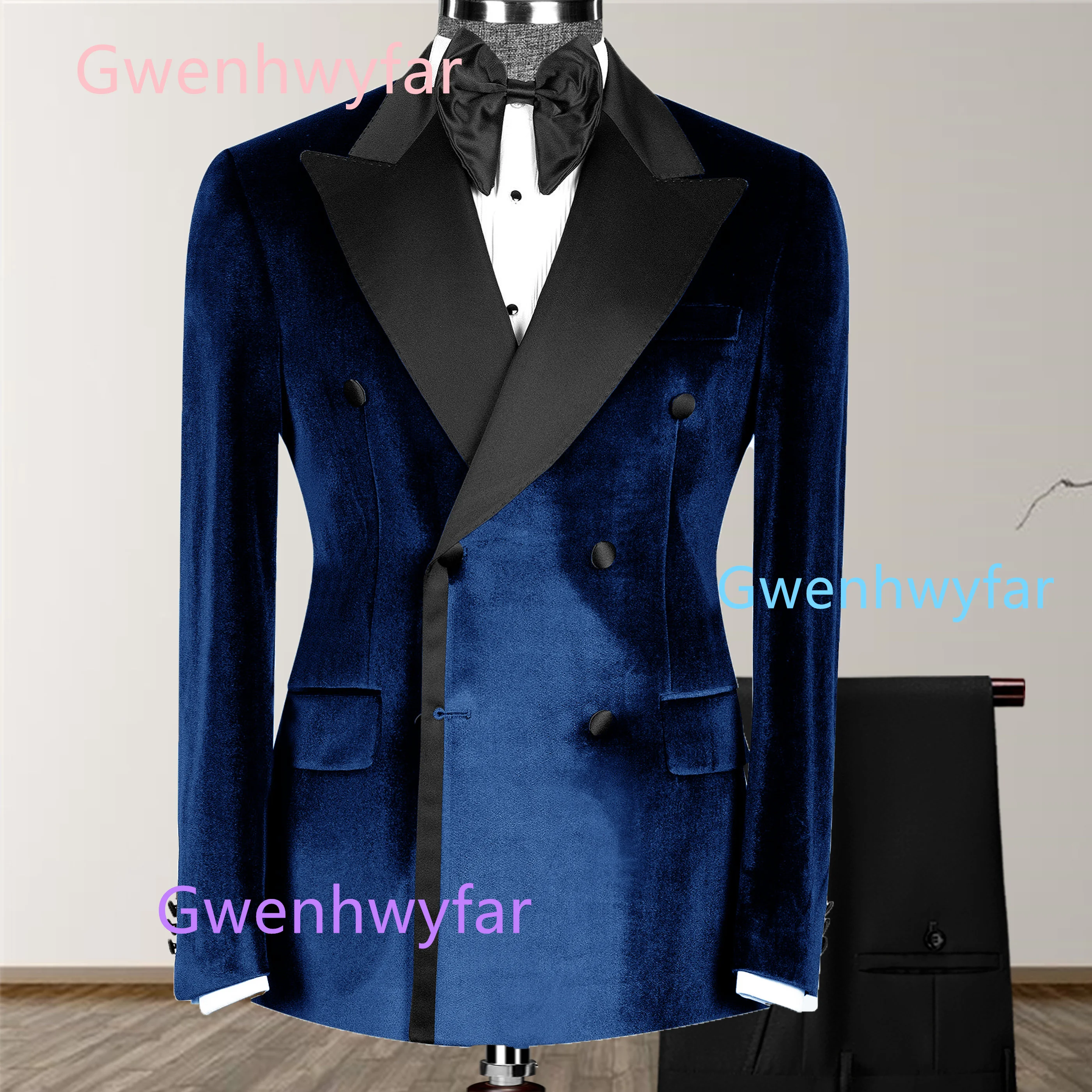 

G&N 2026 Новый мужской бархатный костюм, комплект из 2 предметов, королевская синяя куртка в сочетании с черными атласными лацканами и черными бархатные брюки, мужской костюм