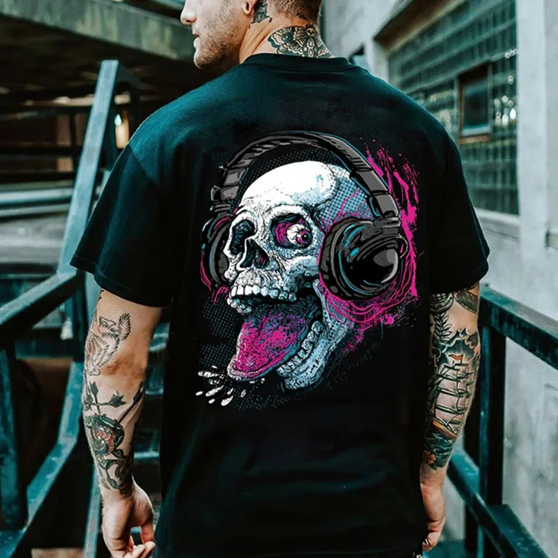 2024 Men's Street Style Short Sleeve T-Shirt Printed Skull Pattern Short Sleeve Summer Casual Men's Top Breathable T-Shirt