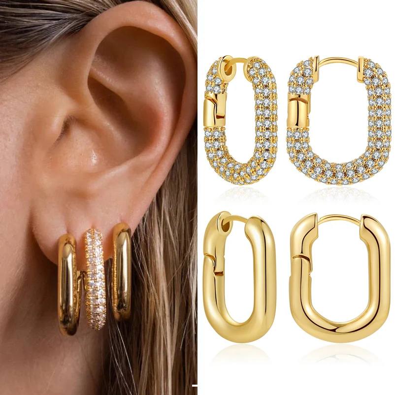 Luxury Cubic Zirconia U Shape Geometric Hoop Earrings for Women Gold Plated Circle Square Ear Buckle Huggie Hoops Jewelry