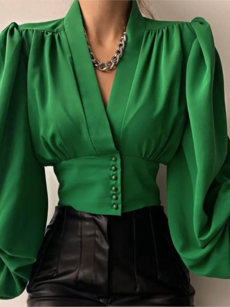 

Fashion Office Shirt For Women Casual Solid V Neck Long Sleeve Button Shirts Tops Lady Spring Elegant Womens Clothing New 2025