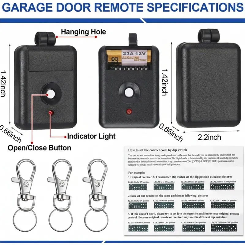 BTLIFE-Garage Door Opener Remote Control 3 Pack 1 Channel Keychain For Linear DNT00026, Delta-3 310Mhz 12V Power Miniature Unit