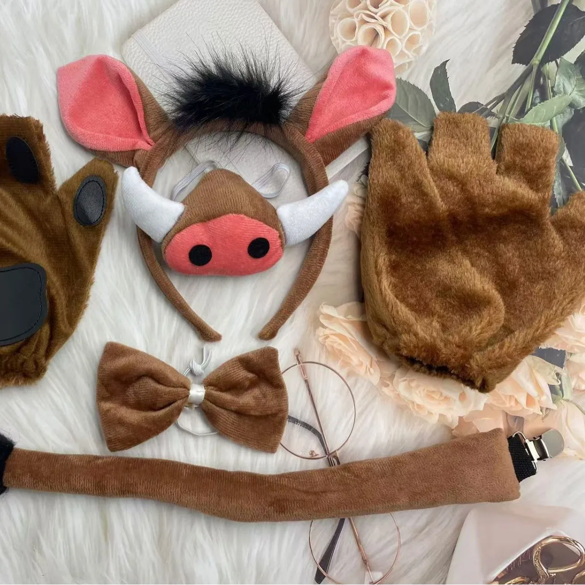 Costume d'animal de vache et de cheval d'Halloween pour enfants, avec oreilles, bandeau, nœud papillon et queue, pour spectacles d'Halloween, 2025