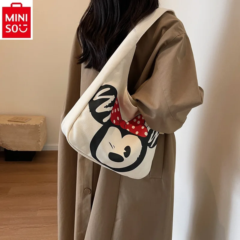 MINISO Disney tas selempang, Tote Bag komuter kartun pelajar kasual baru 2024 kanvas kapasitas besar