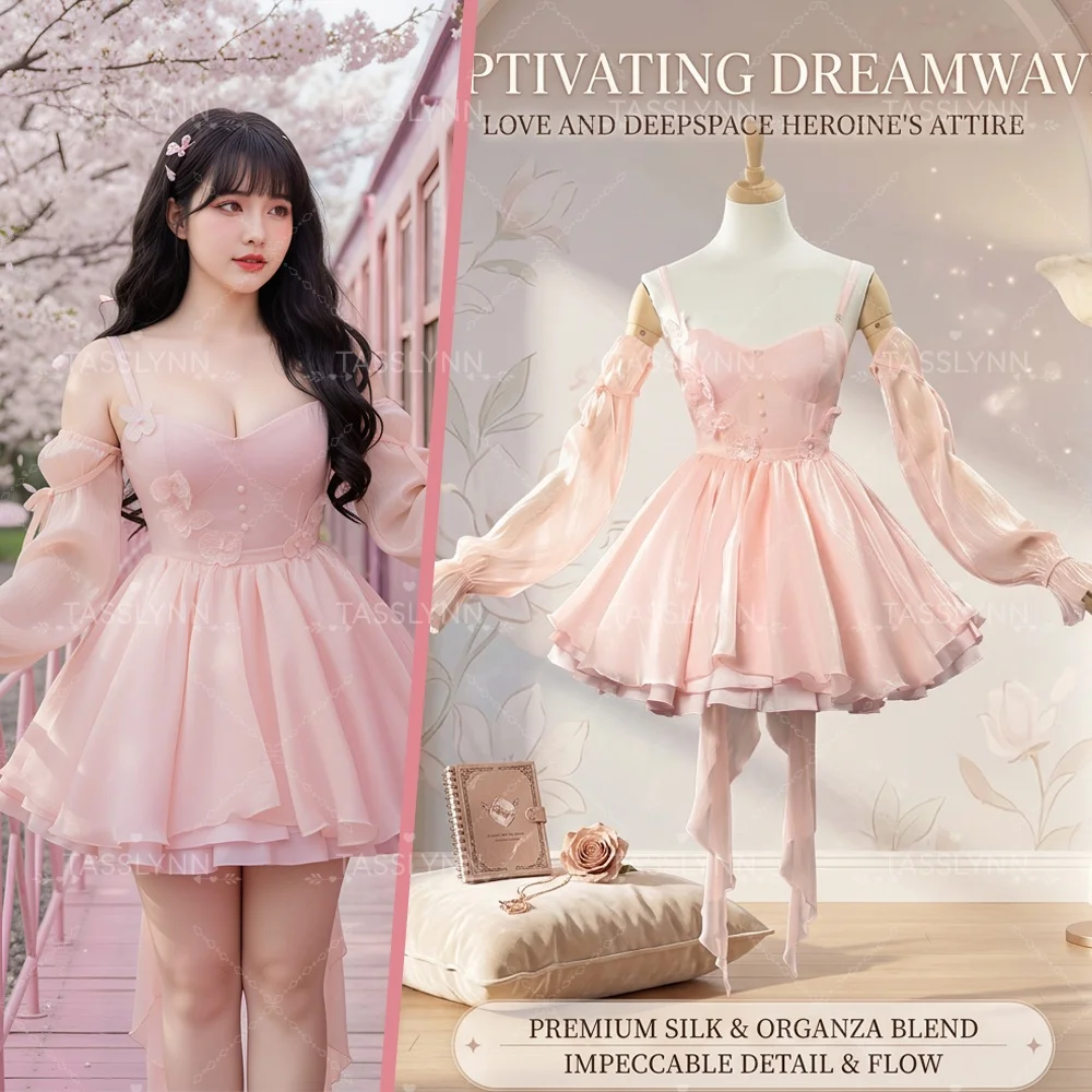 

Love and Deepspace Heroine Pink Floral Mini Dress Sweet Lolita Off Shoulder Puff Sleeve Party Dress for Cosplay