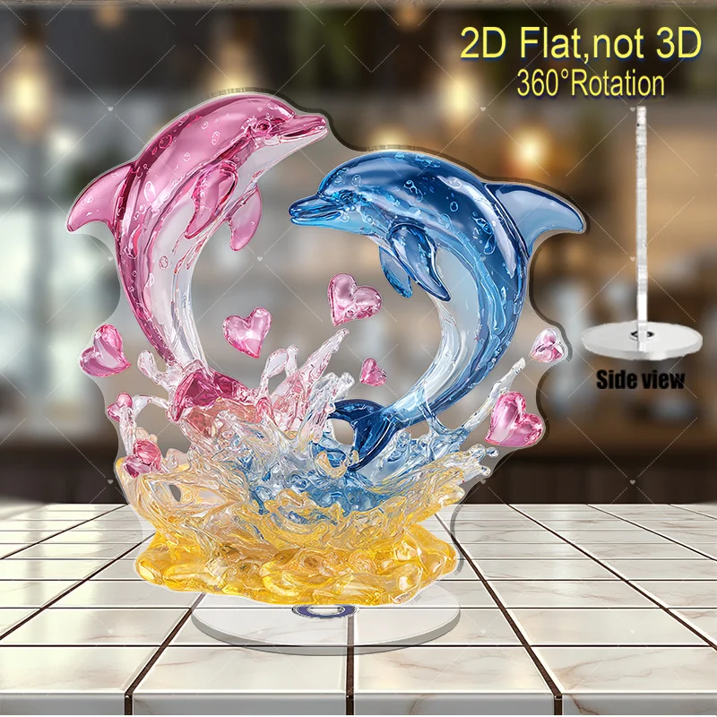 2D Flat Rotating Acrylic Dolphin Ornament - 360° Rotating Dolphin Design, Ocean-Themed Home Decor, Romantic Wedding/Anniversary